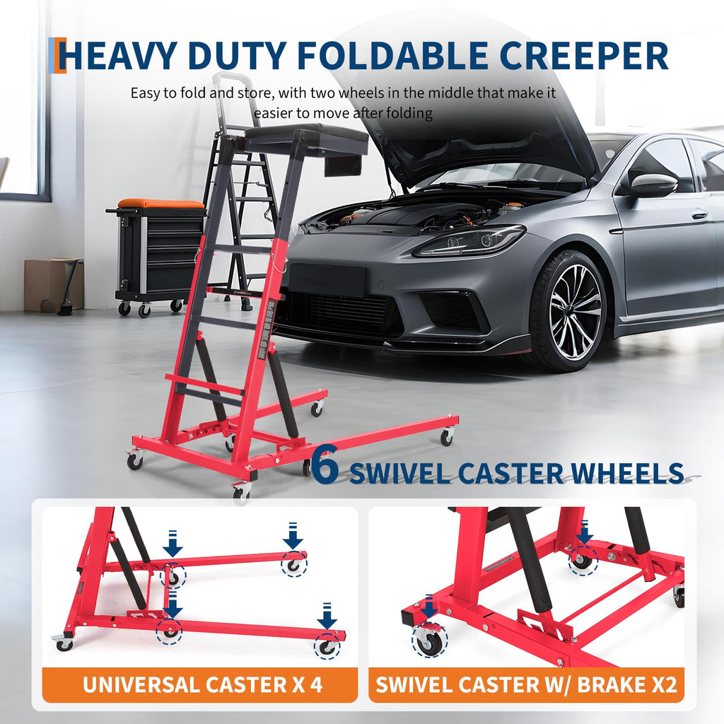 Garvee Top Automotive Creeper Adjustable Height 49.21-68.89" 400 LBS Capacity 6 Swivel Caster Wheels Foldable Steel Frame for Garage Maintenance