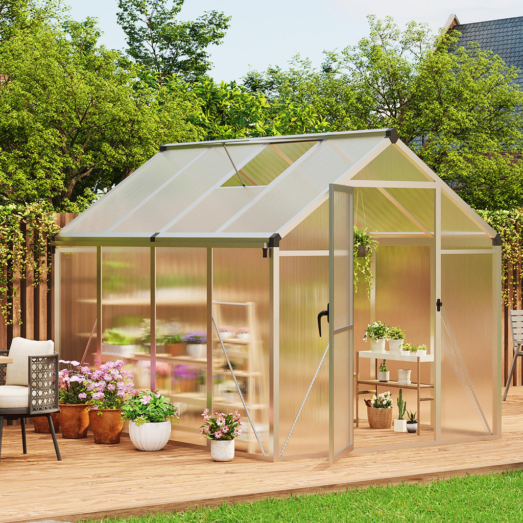 Garvee 6x8 FT Walk-in Greenhouse Aluminum Frame Polycarbonate Panels Roof Vent Ground Nails Backyard Garden
