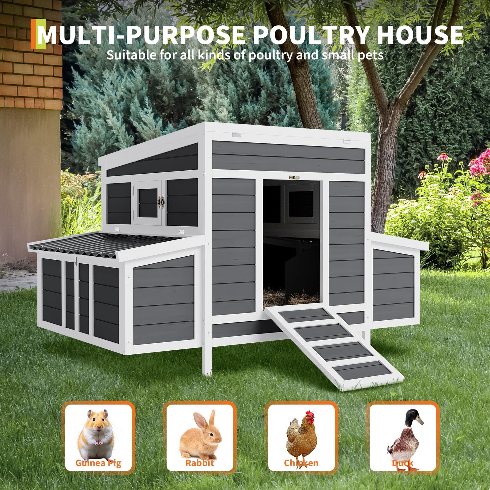 Garvee 55" Wooden Chicken Coop for 4-6 Chickens with Dual Nesting Boxes & Waterproof Roof, Wood & Metal, Lockable Doors & Ventilated Mesh, Outdoor Backyard Poultry Cage