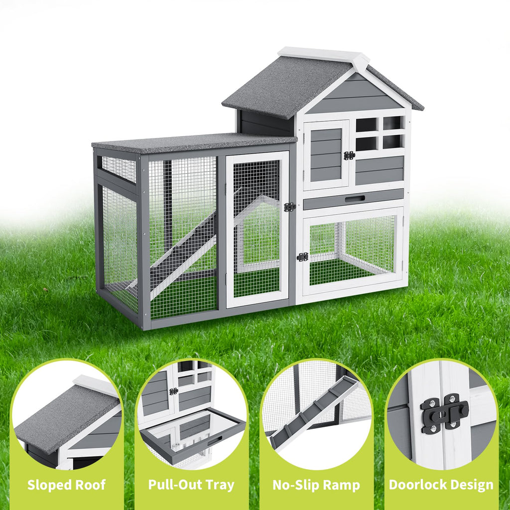 Garvee 2-Story Wooden Rabbit Hutch with Waterproof Roof, Pull-Out Tray, Lockable Doors, Anti-Chewing Metal, Indoor Outdoor Small Pet Cage