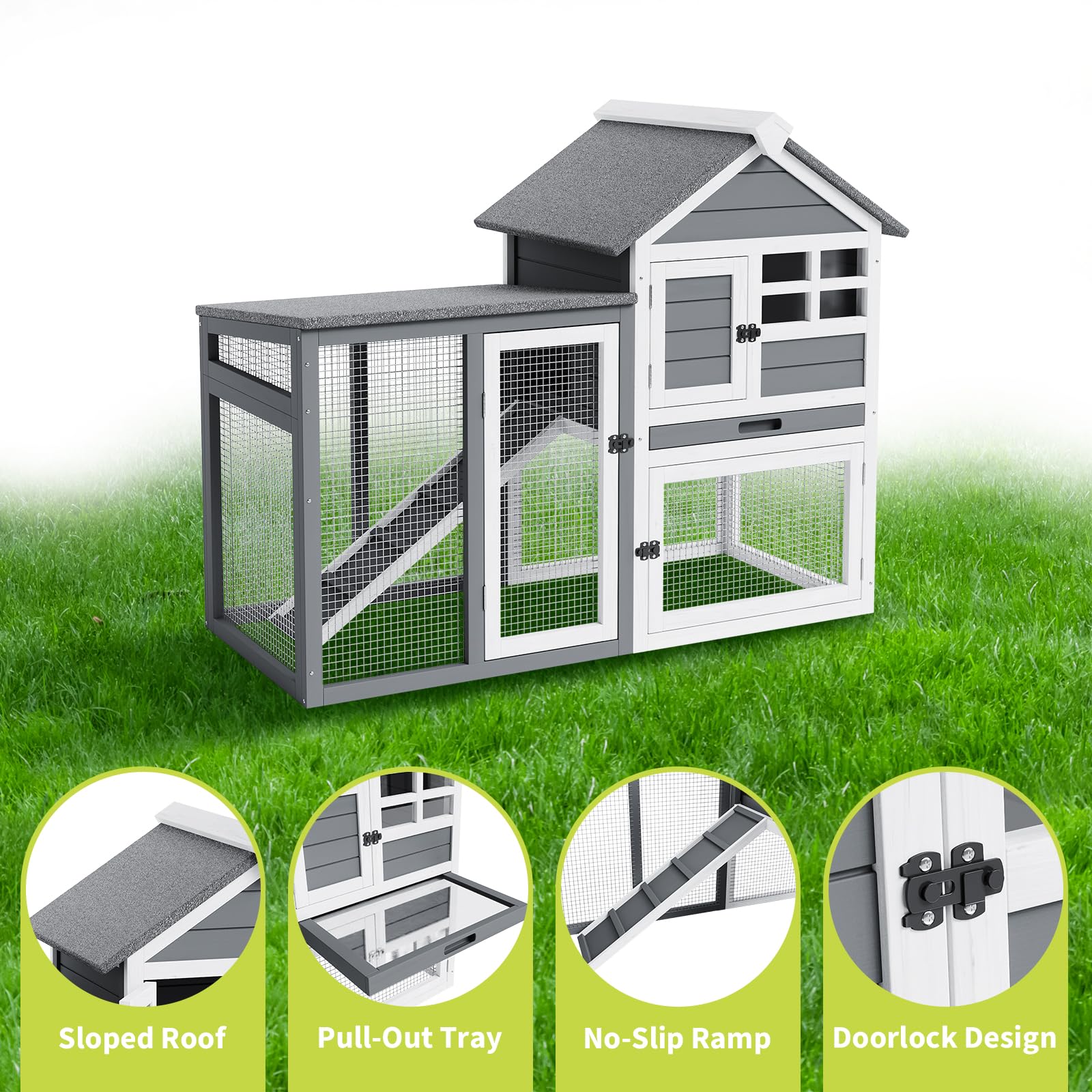 Garvee 2-Story Wooden Rabbit Hutch with Waterproof Roof, Pull-Out Tray, Lockable Doors, Anti-Chewing Metal, Indoor Outdoor Small Pet Cage