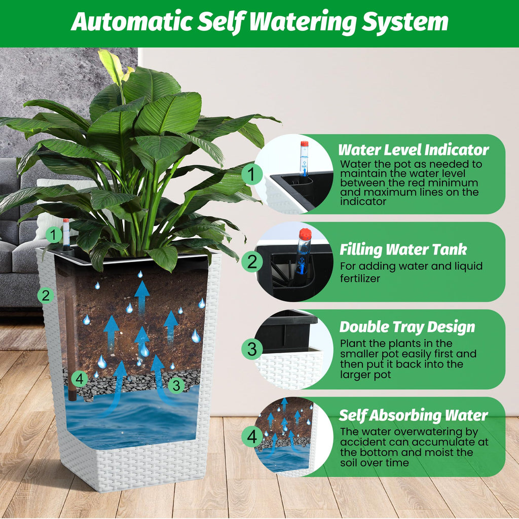 Garvee 16 Inch Tall Rattan Planter Set of 2 with Water Level Monitor & Wheels, Durable Weather-Resistant Plastic, Self-Watering, White, for Patio & Indoor