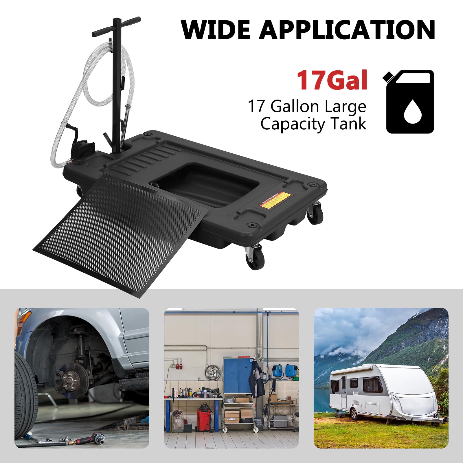 Garvee 17 Gallon Oil Drain Pan with Pump & 8 Ft Hose, Low Profile, T Folding Handle, Polypropylene, Wheels, for Trucks Cars SUVs