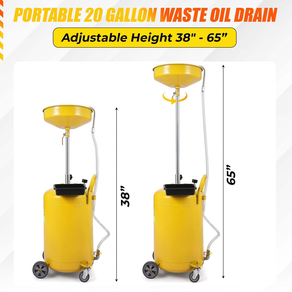 Garvee 20 Gallon Waste Oil Drain Tank Portable Air-Operated Adjustable Height Steel Oil Drainer with Wheels Automotive Workshop Use