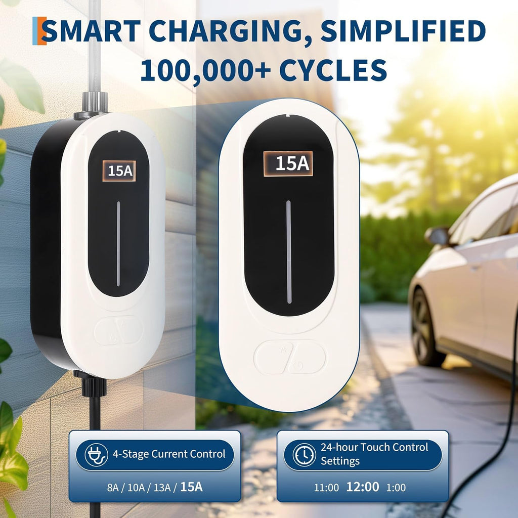 Garvee Level 1 EV Charger 15A 110V NEMA 5-15 Plug Adjustable Current & Timer UL TUV Certified 25ft Cable Portable Home Use