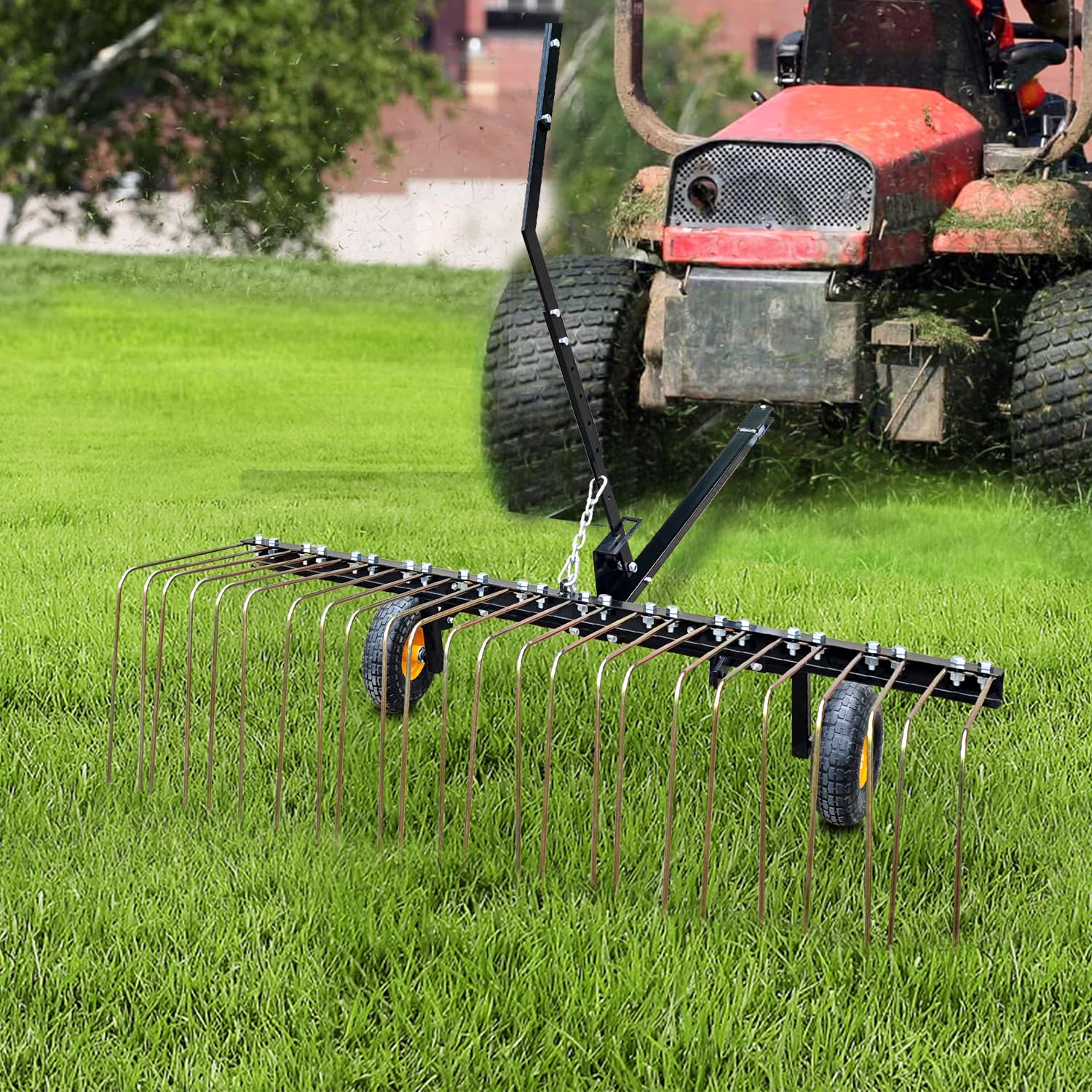 Garvee 60" Tow Behind Dethatcher with 24 Steel Tines, Pneumatic Tires, Alloy Steel, Lift Handle, Pin Hitch for Lawn Tractor, Garden and Farm Use