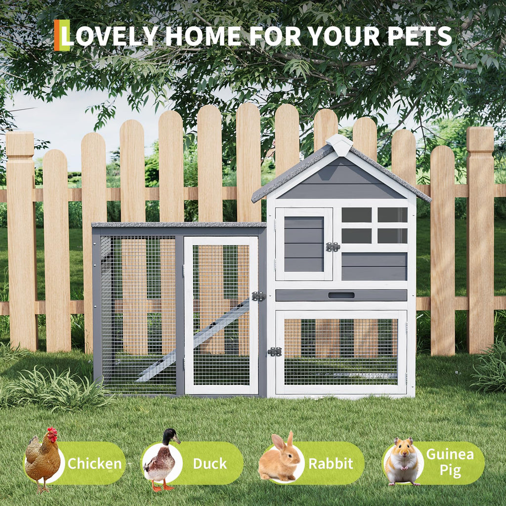Garvee 2-Story Wooden Rabbit Hutch with Waterproof Roof, Pull-Out Tray, Lockable Doors, Anti-Chewing Metal, Indoor Outdoor Small Pet Cage