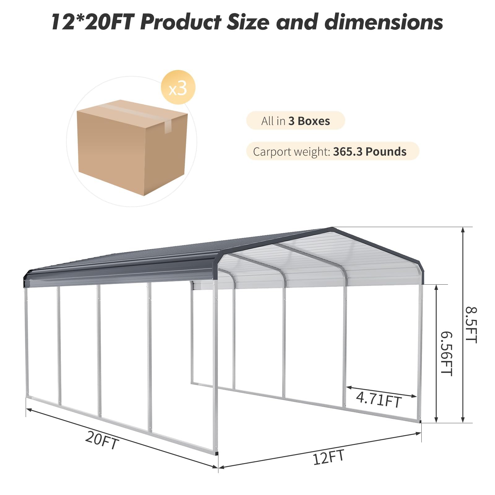 Garvee 12x20 FT Heavy-Duty Metal Carport with Galvanized Steel Roof & Frame, Rust-Resistant, Weatherproof, Stable Base, Easy Assembly, Outdoor Vehicle Shelter