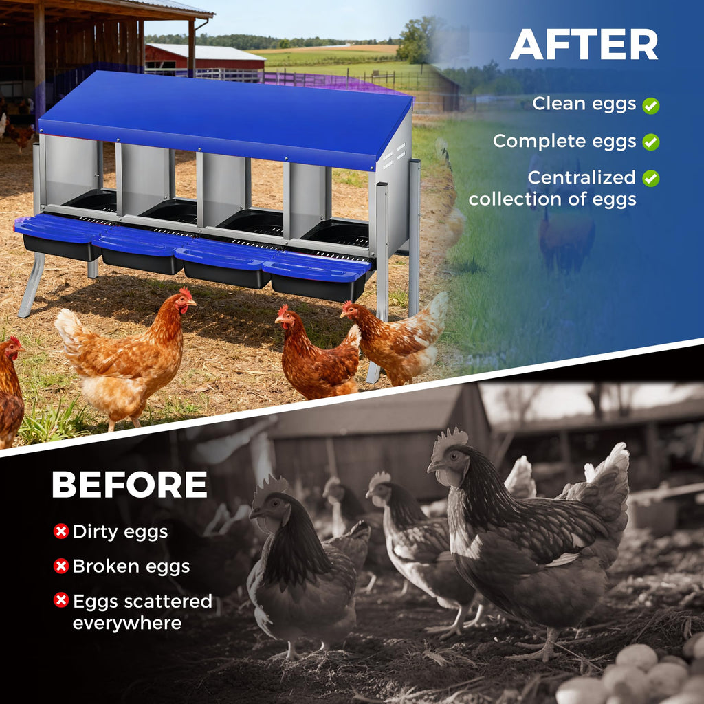 Garvee Chicken Nesting Boxes, 4 Hole with Legs Metal Wall Mount Roll Away Nest with Removable Trays and Roll Out Egg Collection for Chicken Coop