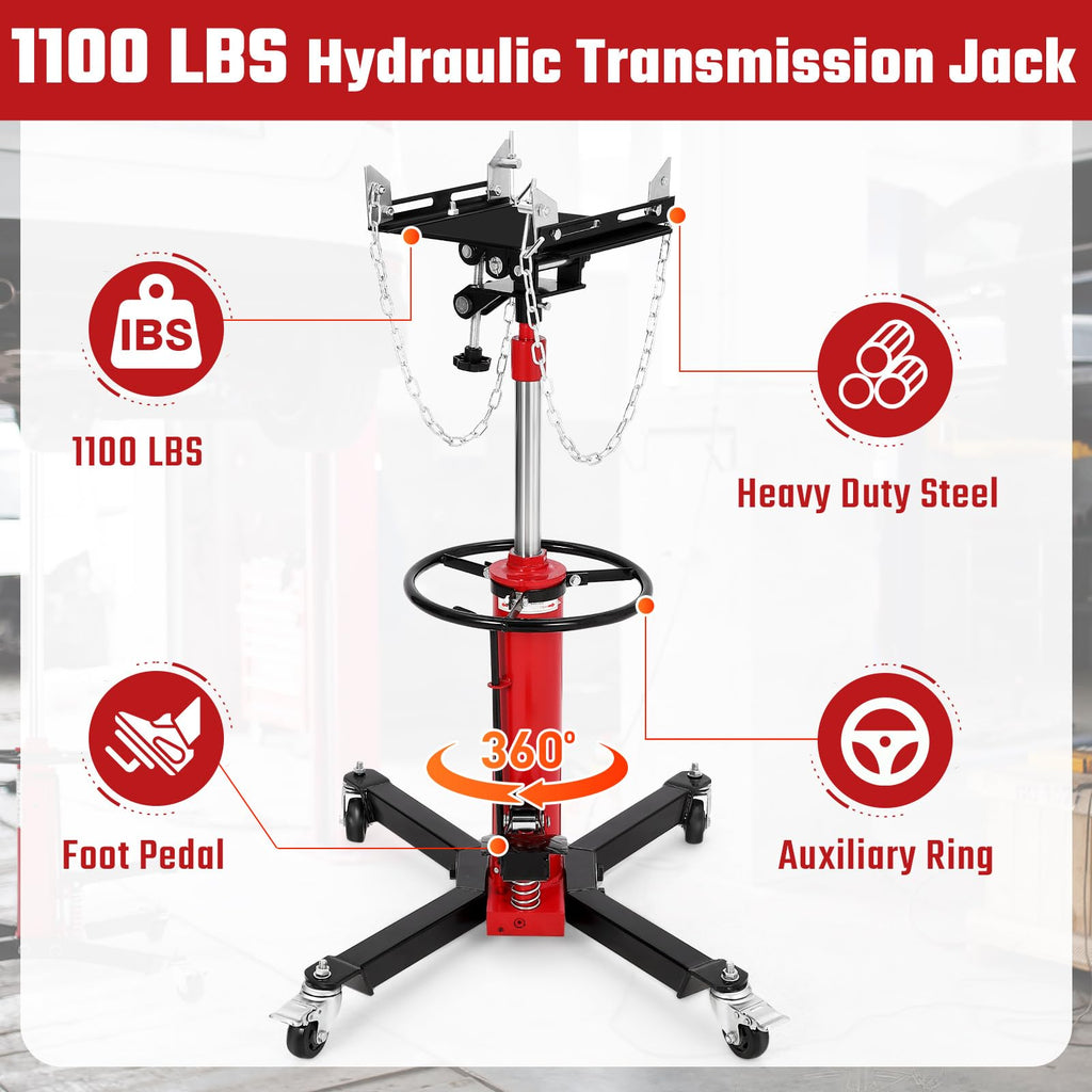Garvee Transmission Jack 1100 lbs 2-Stage Hydraulic Steel Foot Pedal 360° Swivel Wheels Garage Use