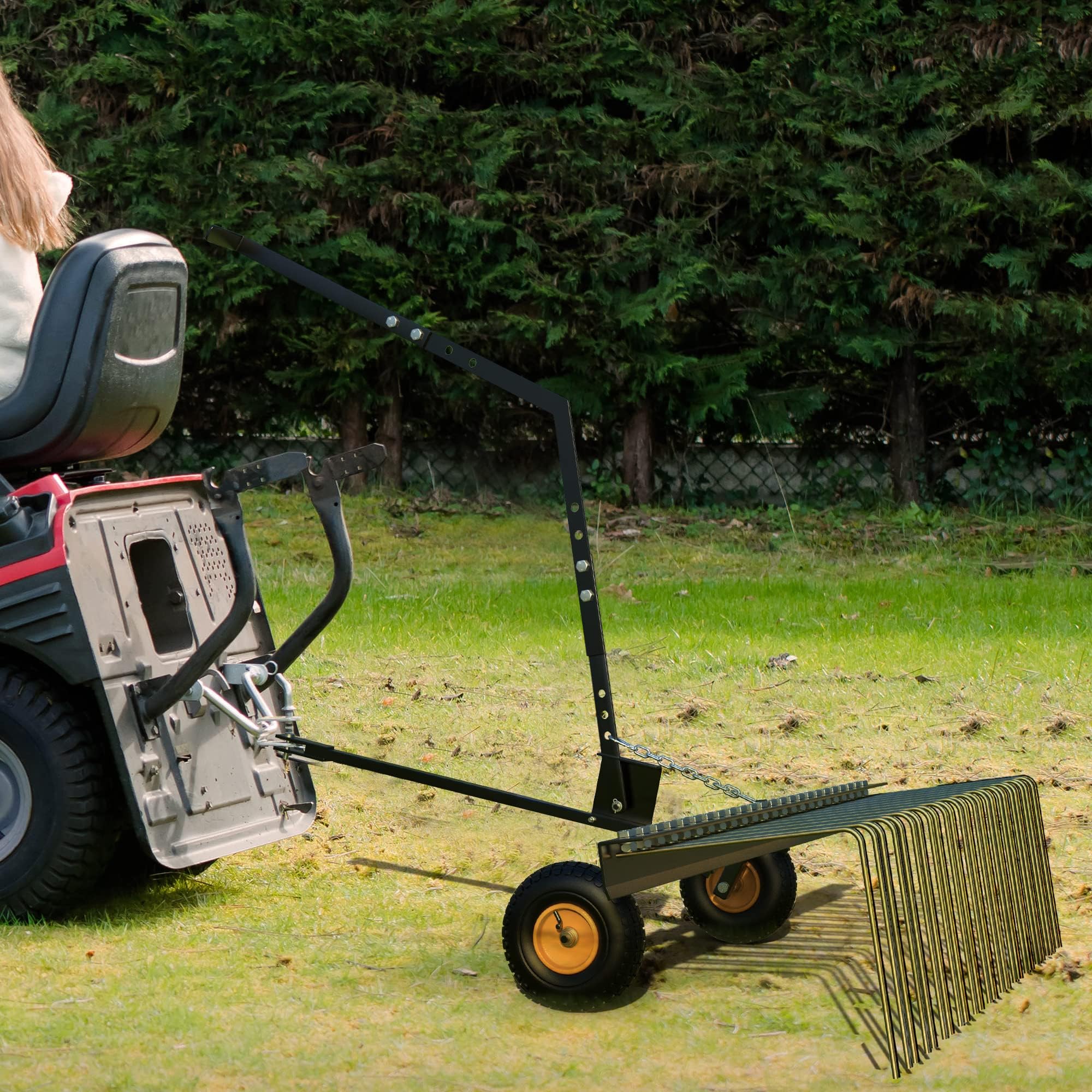 Garvee 59'' Tow Behind Lawn Dethatcher,24 Durable Spring Steel Tines Lawn Dethatcher, Tow Behind Steel Pine Straw Rake Designed to Lawn and Garden Tractors, Orange&Black