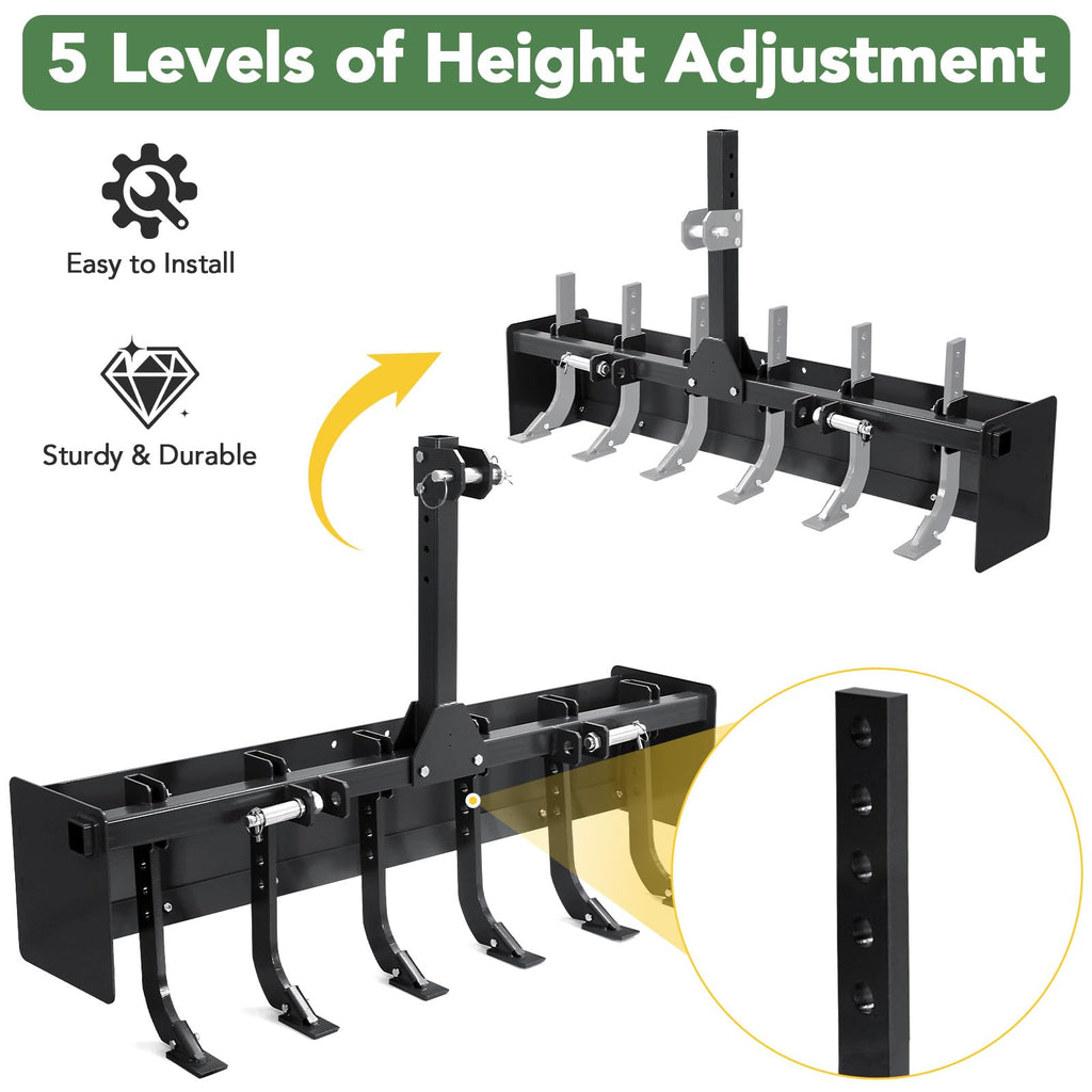 Garvee 55" Box Blade Tractor Scraper, 6 Ripper Shanks, 3 Point Hitch, Carbon Steel, Rust-Proof Coating, CAT-0 & CAT-1 Compatible, Farming & Garden Use