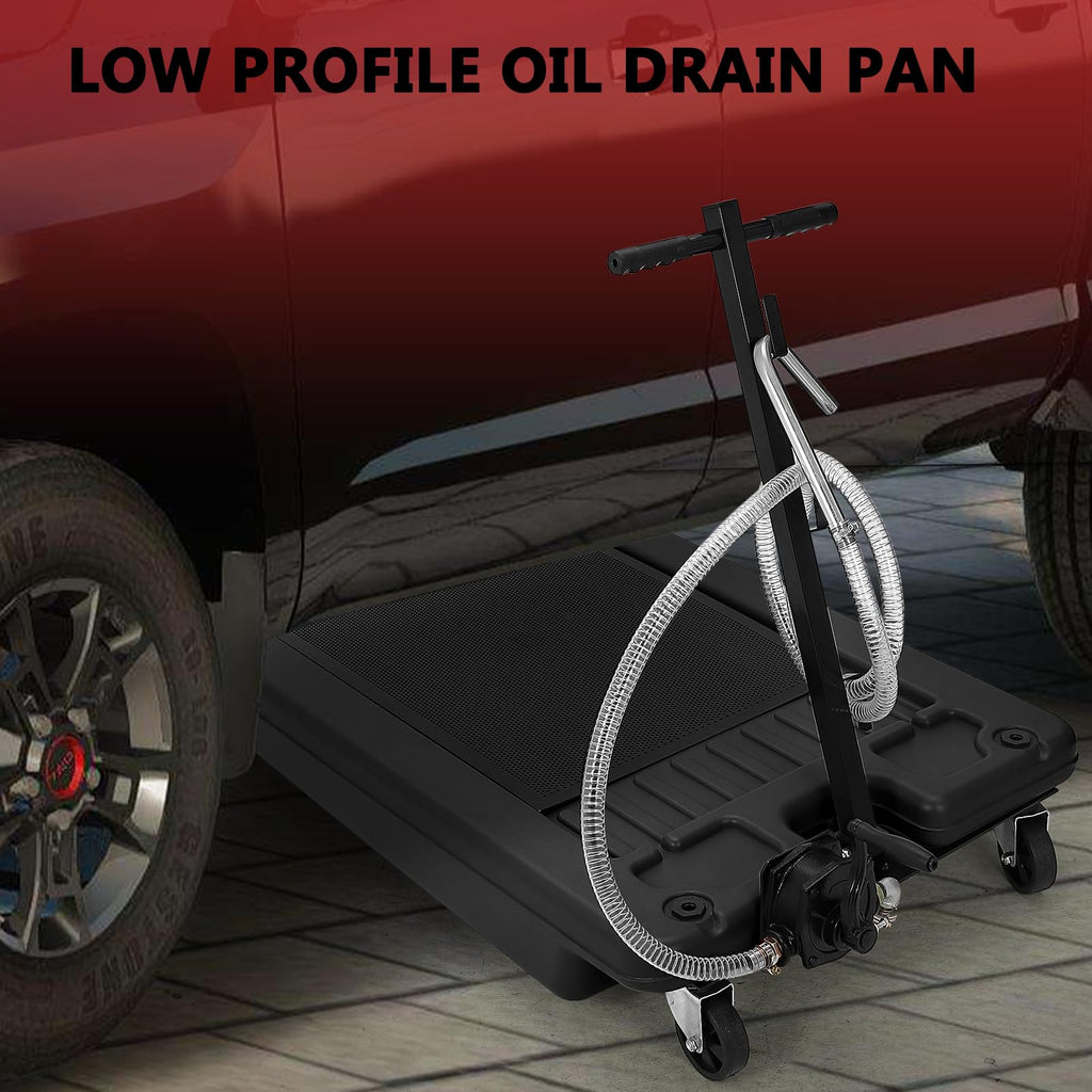 Garvee 17 Gallon Oil Drain Pan with Pump & 8 Ft Hose, Low Profile, T Folding Handle, Polypropylene, Wheels, for Trucks Cars SUVs
