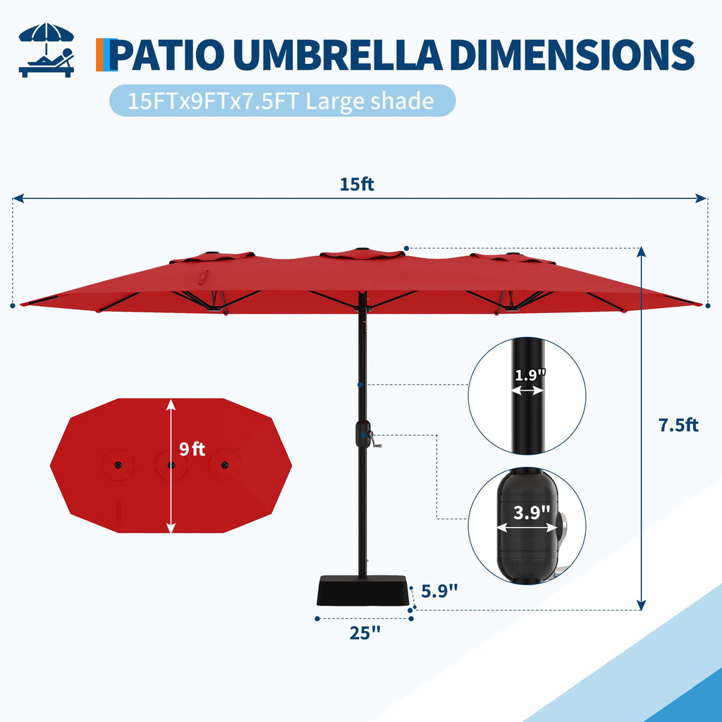 Garvee 15ft Double-Side Rectangular Pool Umbrella with Base - Large 133 sq.ft Shade, Manual Crank, 180G Polyester, Rust-Resistant Steel Ribs - Patio, Poolside, Backyard