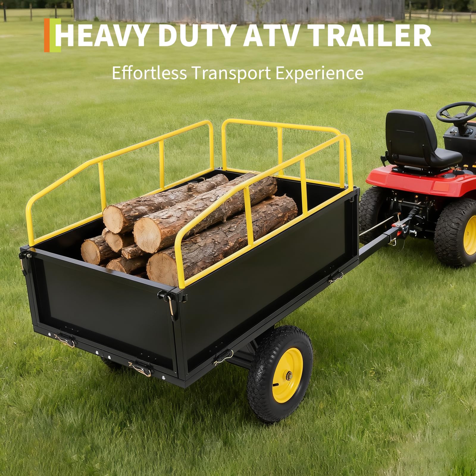 Garvee ATV UTV Tow Behind Dump Cart 750Lbs Capacity 17 Cu Ft Bed Heavy Duty Iron Frame Pneumatic Tires Universal Hitch for Yard Work