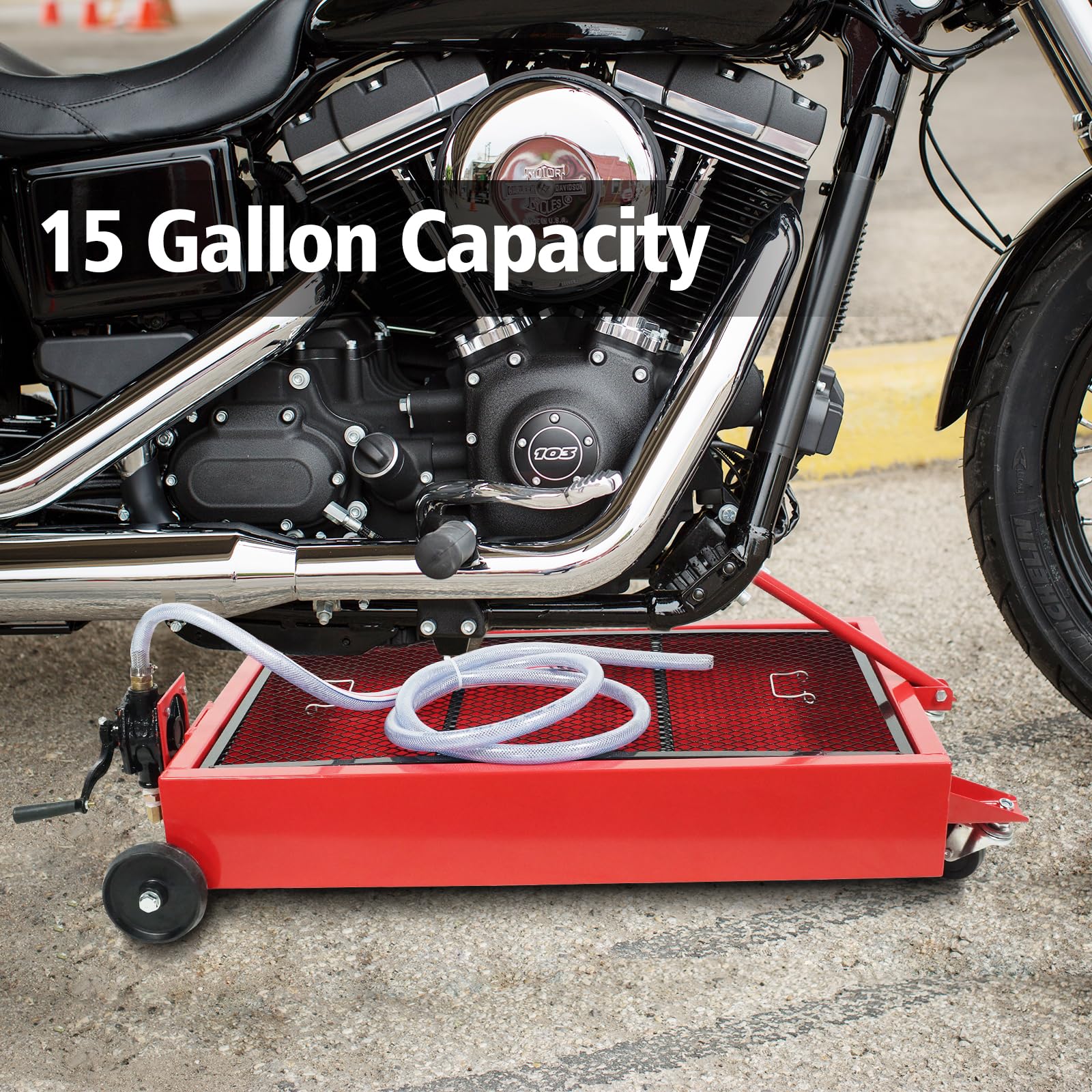 Garvee Low Profile Oil Drain Pan 15-Gallon Capacity Manual Rotary Pump Durable Plastic Wheels 7.2 Inch Hose for Cars Trucks SUVs