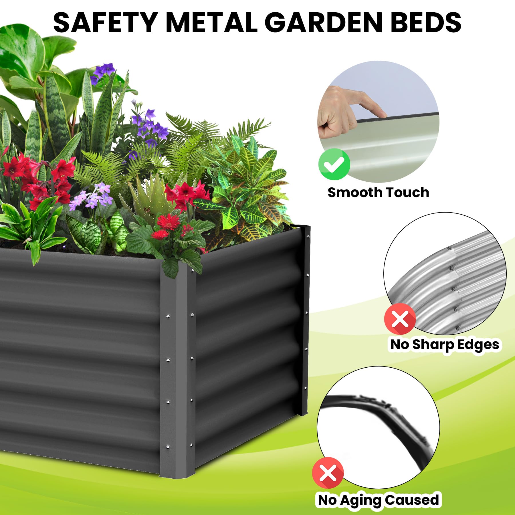 Garvee Raised Garden Bed Set of 2 6x3x1.5FT Galvanized Metal Durable Stability Open Base Safety Edge Dark Gray for Patios Yards Gardens