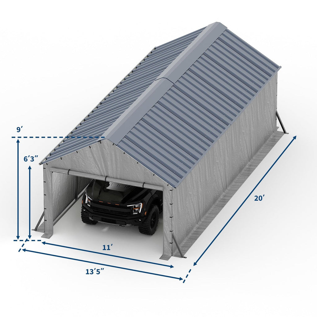 Garvee 11' × 20' Heavy Duty Enclosed Steel Carport, Vertical Roof Outdoor Storage Shelter for Trucks, Boats & Tractors