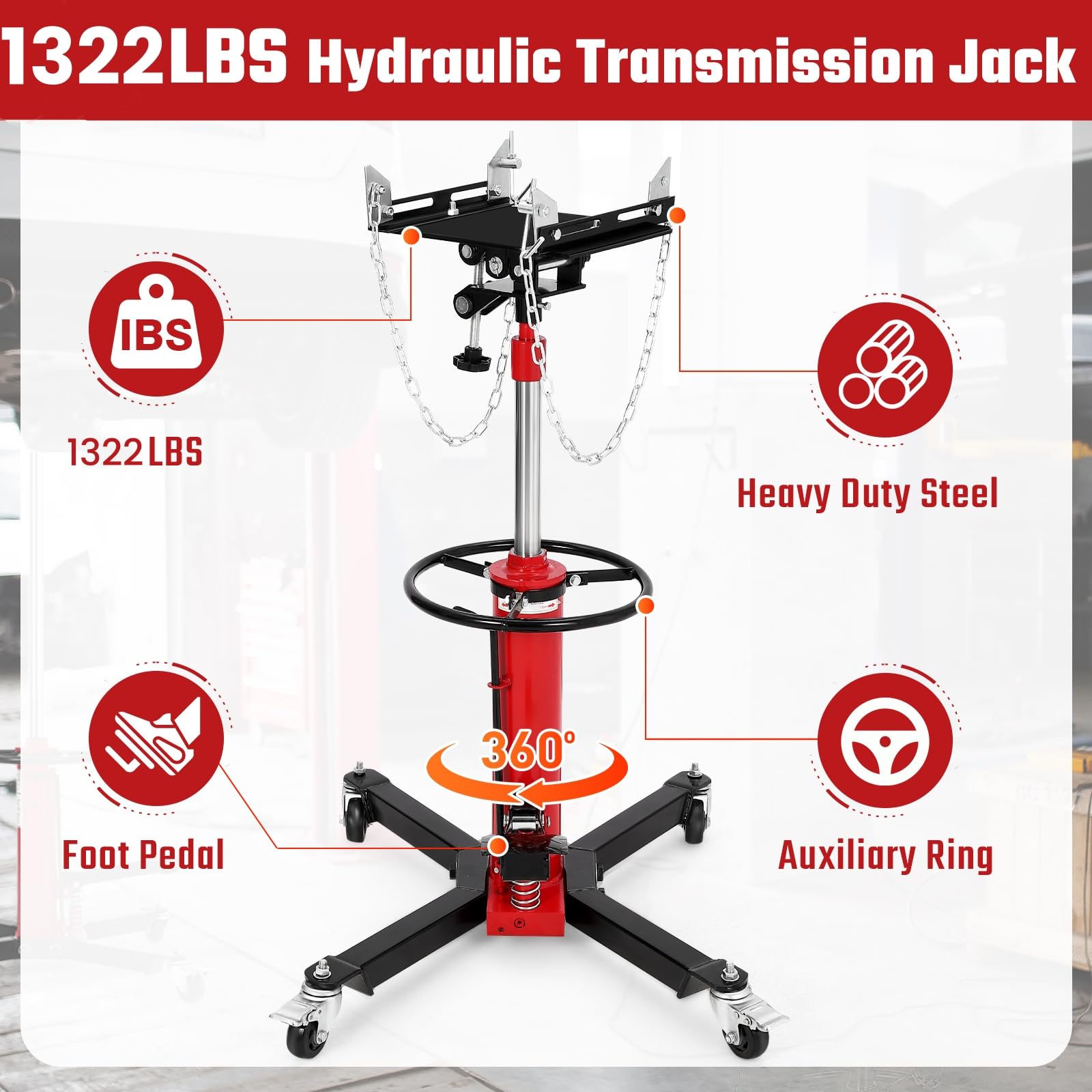 Garvee Hydraulic Transmission Jack 1322 lbs Load Capacity 34"-68" Lifting Range Steel Frame 360° Swivel Wheels with Brakes Heavy Duty Red Workshop Use