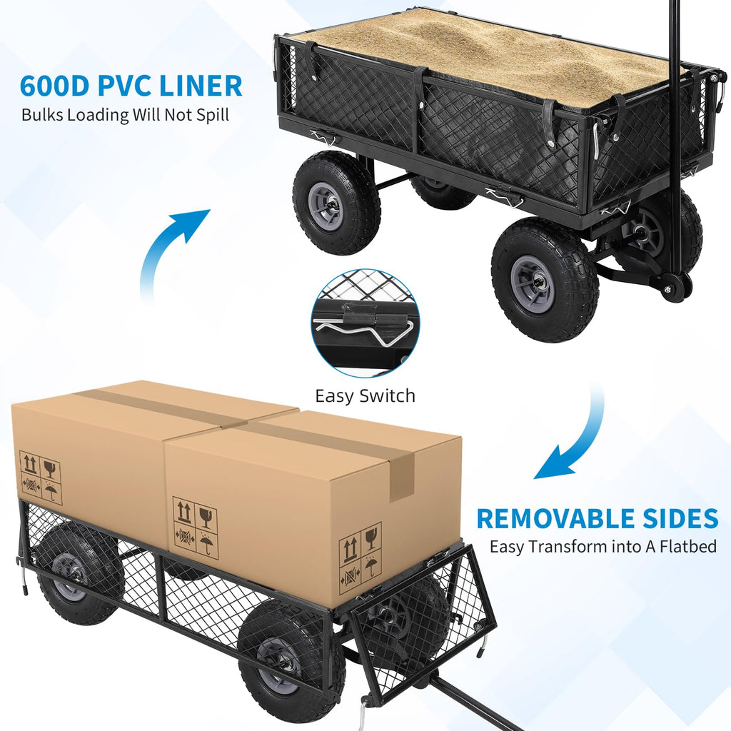 Garvee Heavy Duty Garden Cart Folding Utility Wagon 500LB Capacity Mesh Steel Waterproof Liner Adjustable Handle 10 Inch Tire for Outdoor Work