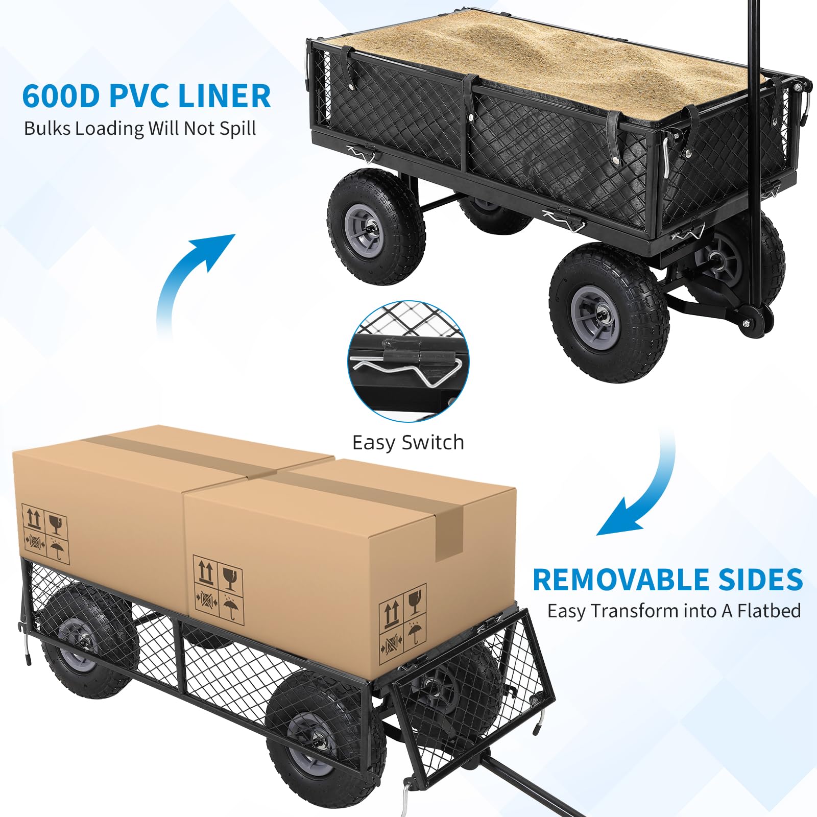 Garvee Heavy Duty Garden Cart Folding Utility Wagon 500LB Capacity Mesh Steel Waterproof Liner Adjustable Handle 10 Inch Tire for Outdoor Work