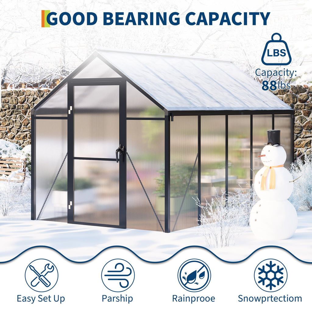 Garvee 6 × 10 ft Walk-In Greenhouse, Polycarbonate Greenhouse with Aluminum Frame, Roof Vent, Gutter System & Lockable Sliding Door for Backyard Garden