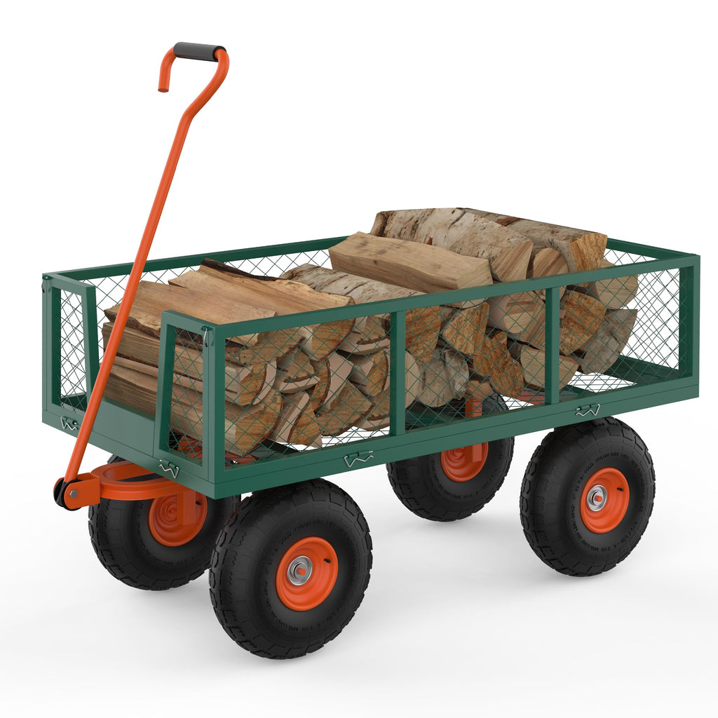 Garvee Steel Garden Cart Utility Wagon, 500 LBS Capacity, Folding Design, Removable Sides, 10 Inch Tires, Heavy-Duty Steel, Green & Orange, Outdoor Lawn Use