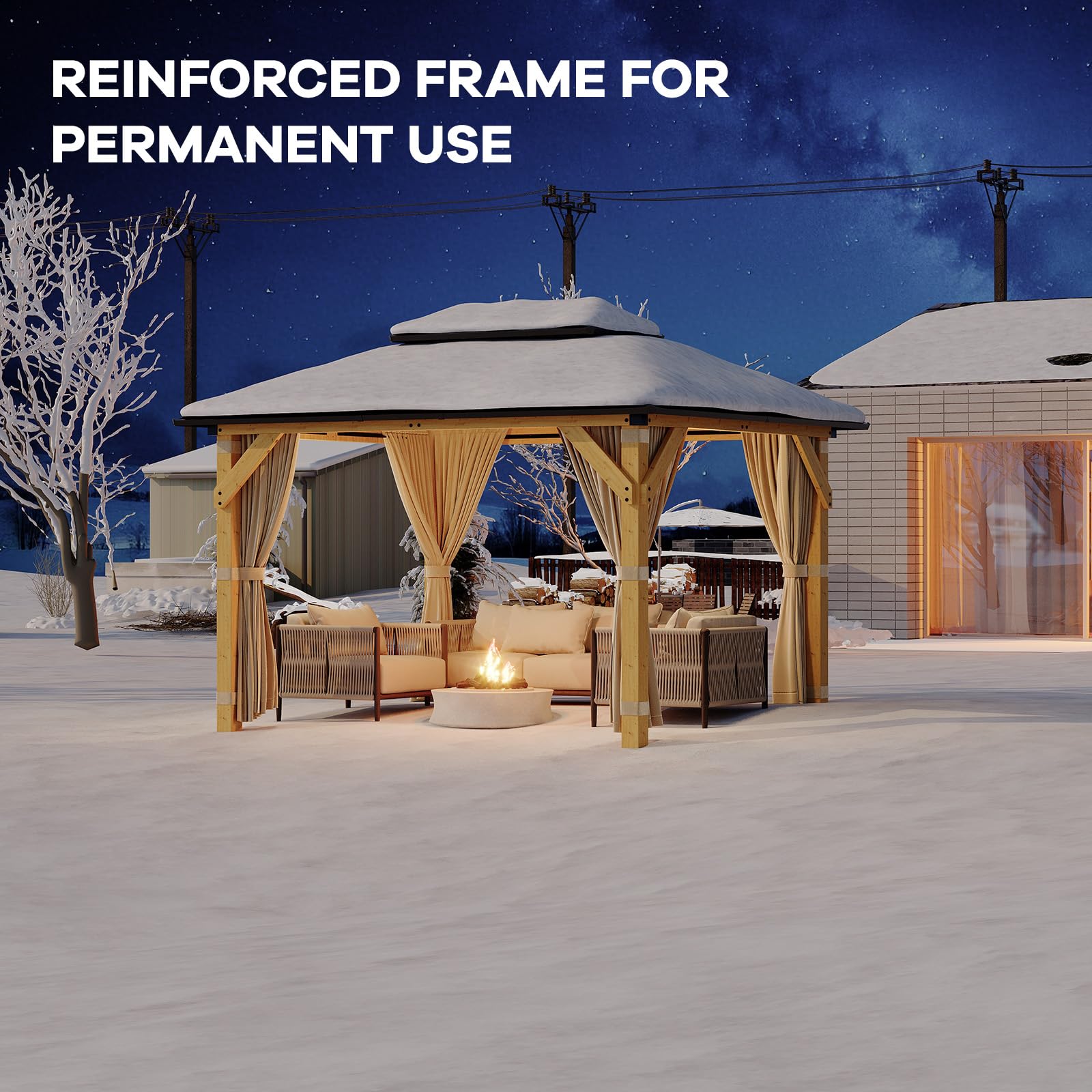 Garvee Wood Gazebo 10x12 Ft Double Galvanized Steel Roof Hardtop Wooden Frame with Nettings and Curtains for Backyard Patio Garden