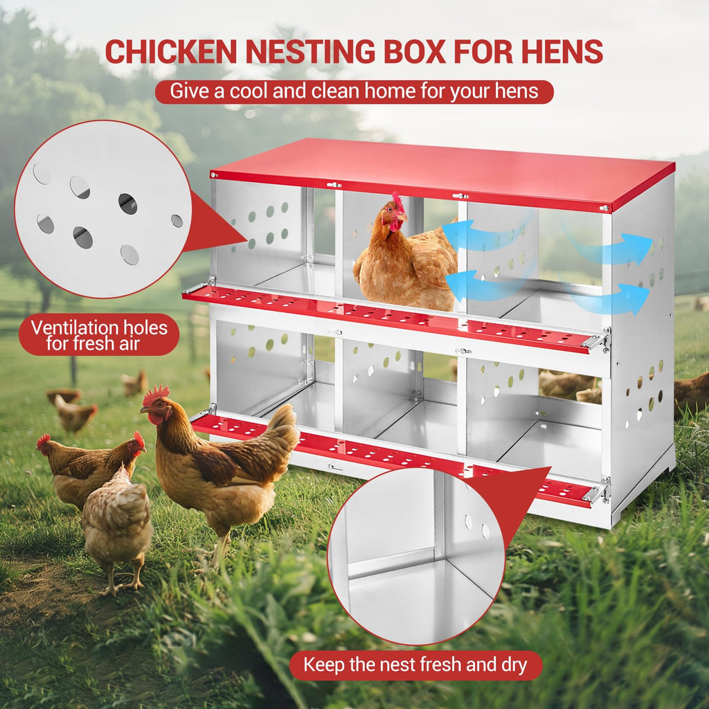GARVEE 6-Compartment Galvanized Steel Nesting Box - Metal w/Vented Holes, Swing Perch & Removable Dividers for Chicken Coops