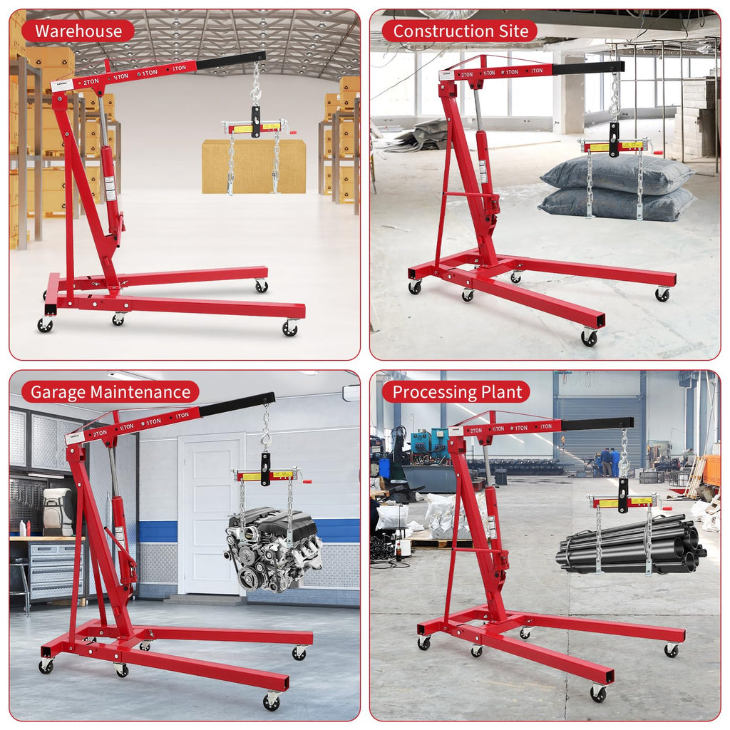 Garvee 2-Ton Folding Engine Hoist Cherry Picker 4400 Lb Hydraulic Telescoping Boom Steel Red Garage Repair