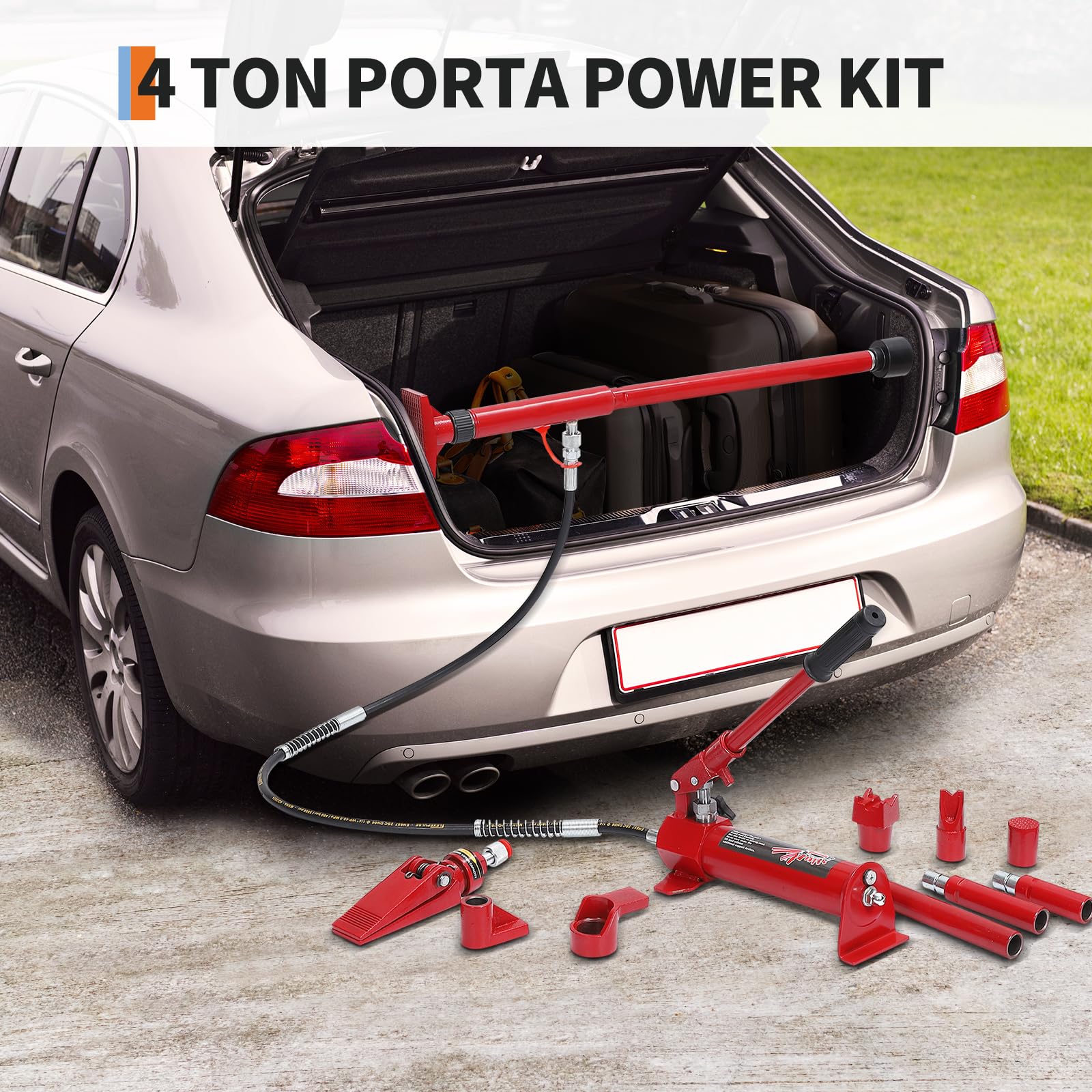 Garvee 4 Ton Porta Power Hydraulic Jack Kit with 4.6 Ft Oil Hose, Heavy Duty, Portable HDPE Case, Automotive & Farm Use