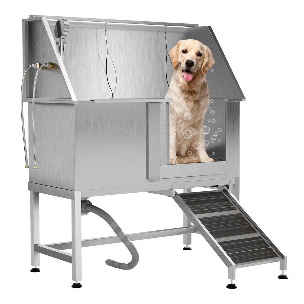 Garvee 50" Stainless Steel Dog Bathing Station, Dogs Washing Bathtub with Non-Slip Stairs & Storage Shelf, Slip-Resistant Floor Grate, Adjustable Platform for Grooming Salon & Home Use, Rightdoor