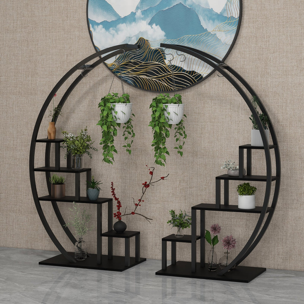 Garvee 5-Tier Curved Metal Plant Stand with 6 Hooks, Elegant Black Balcony & Indoor Flower Pot Display Rack for Plants & Garden Decor