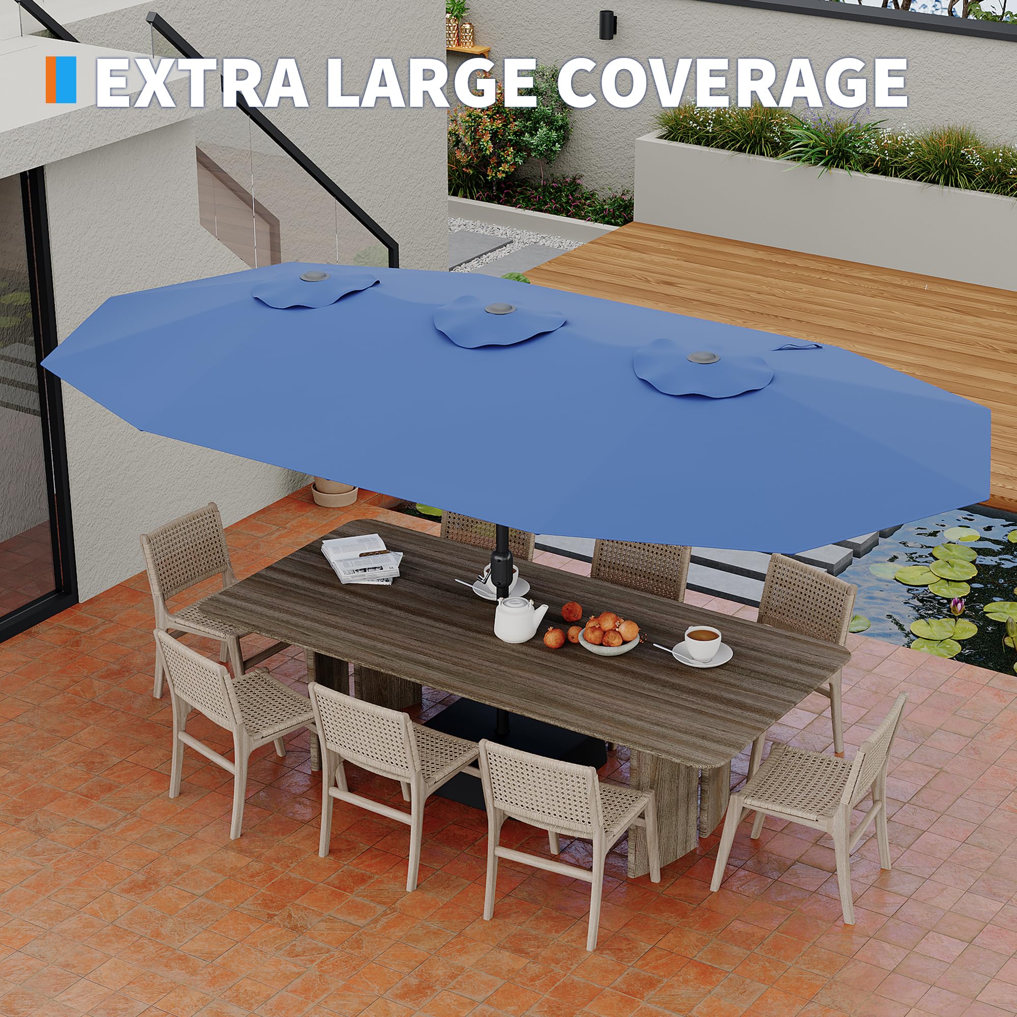 Garvee 15ft Double-Sided Rectangular Pool Umbrella with Base – 133 sq.ft Shade, Manual Crank, 180G Polyester, Rust-Resistant Steel for Patio & Poolside