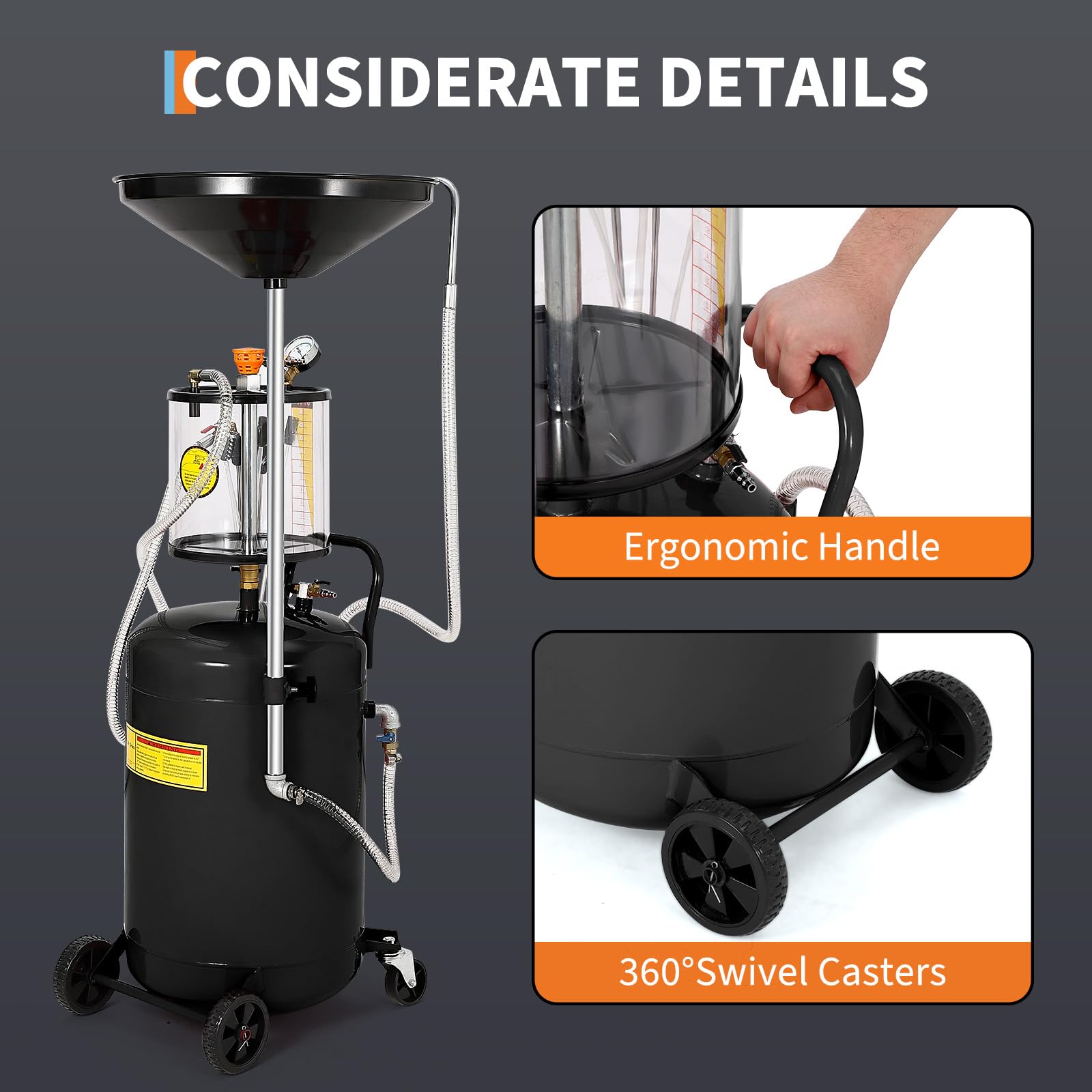 Garvee 20 Gallon Waste Oil Drain Tank Portable Air Operated Oil Drainer Adjustable Funnel Steel with Wheels Toolbox for Auto Workshops