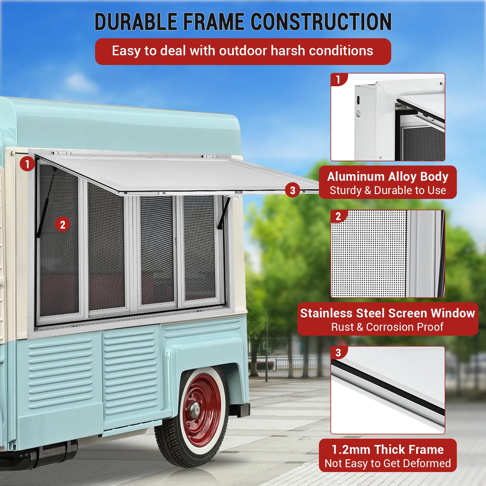 Garvee 60x36 Aluminum Alloy Concession Window, Food Truck Window with 4 Sliding Mesh Screens, 85° Opening, Dual Waterproof Seals, Rust-Resistant, for Food Trucks & Trailers