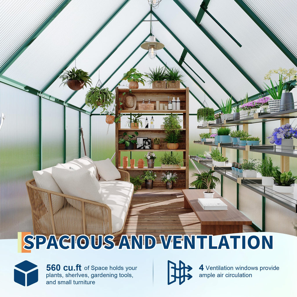 Garvee Heavy Duty 6x9 FT Polycarbonate Walk-In Greenhouse - Aluminum Frame, Double Swing Doors, Roof Vent, Rain Gutter, Quick Easy Setup, for Garden Plants, Green