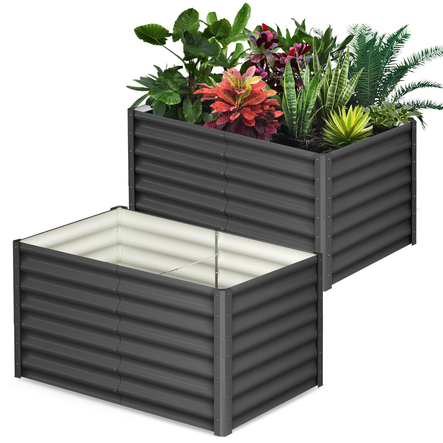 Garvee Raised Garden Bed Set of 2 6x3x2FT Galvanized Metal Durable Stability Open Base Safety Edge Dark Gray for Patios Yards Gardens