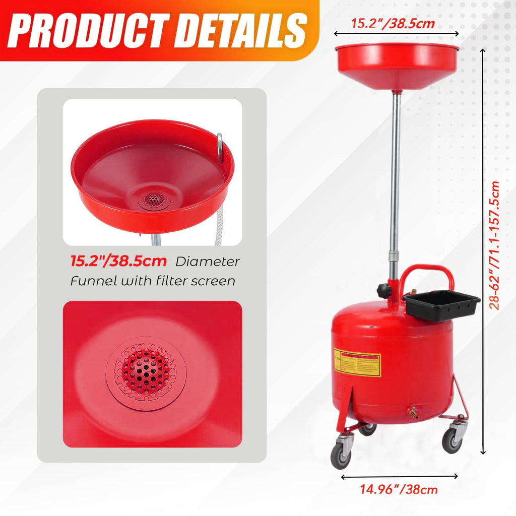 Garvee 8 Gal Portable Waste Oil Drain Change Tank, 15 in Funnel, Adjustable Height 28"-62", 360° Wheels, Built-in Toolbox for Auto Repair, Red