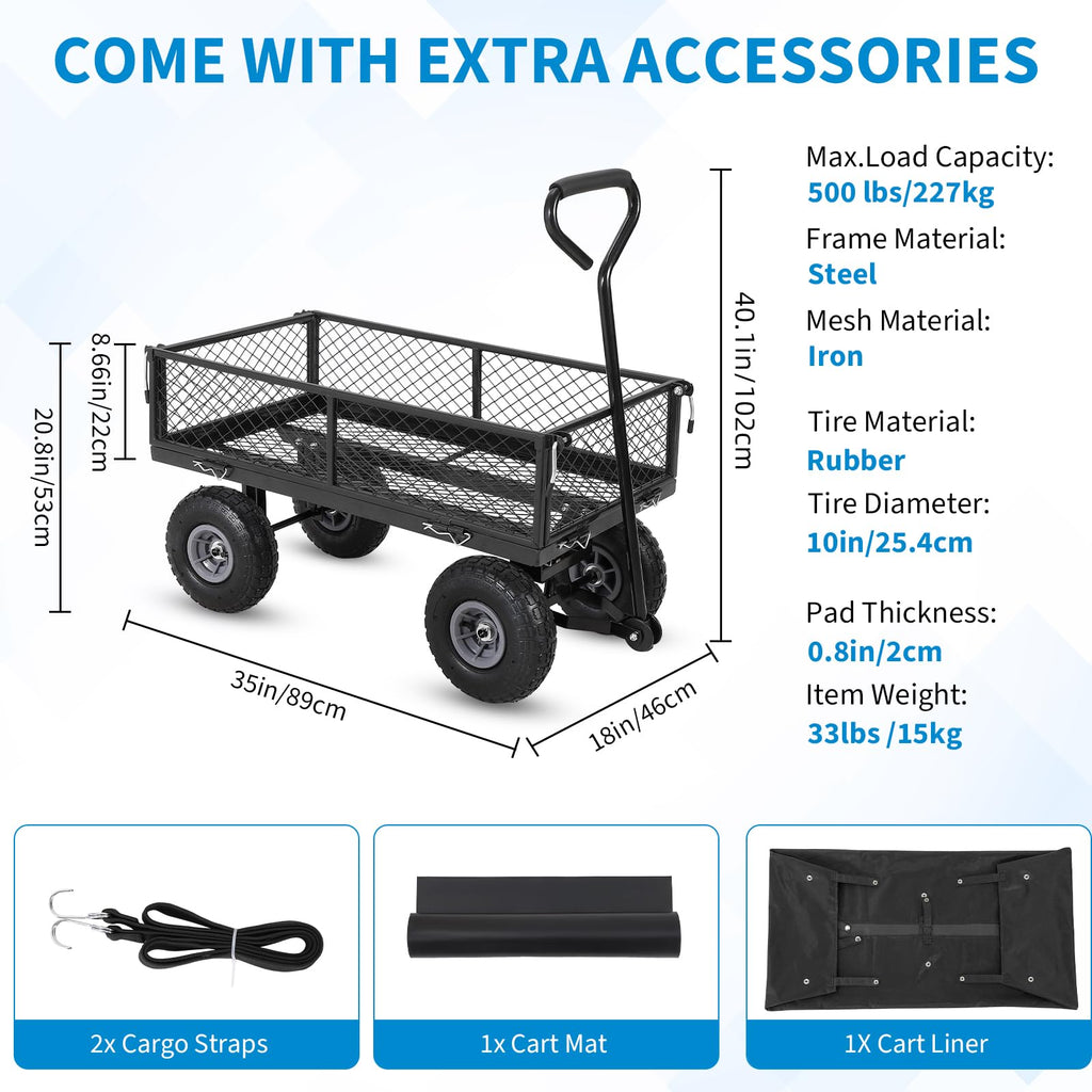 Garvee Heavy Duty Garden Cart Folding Utility Wagon 500LB Capacity Mesh Steel Waterproof Liner Adjustable Handle 10 Inch Tire for Outdoor Work