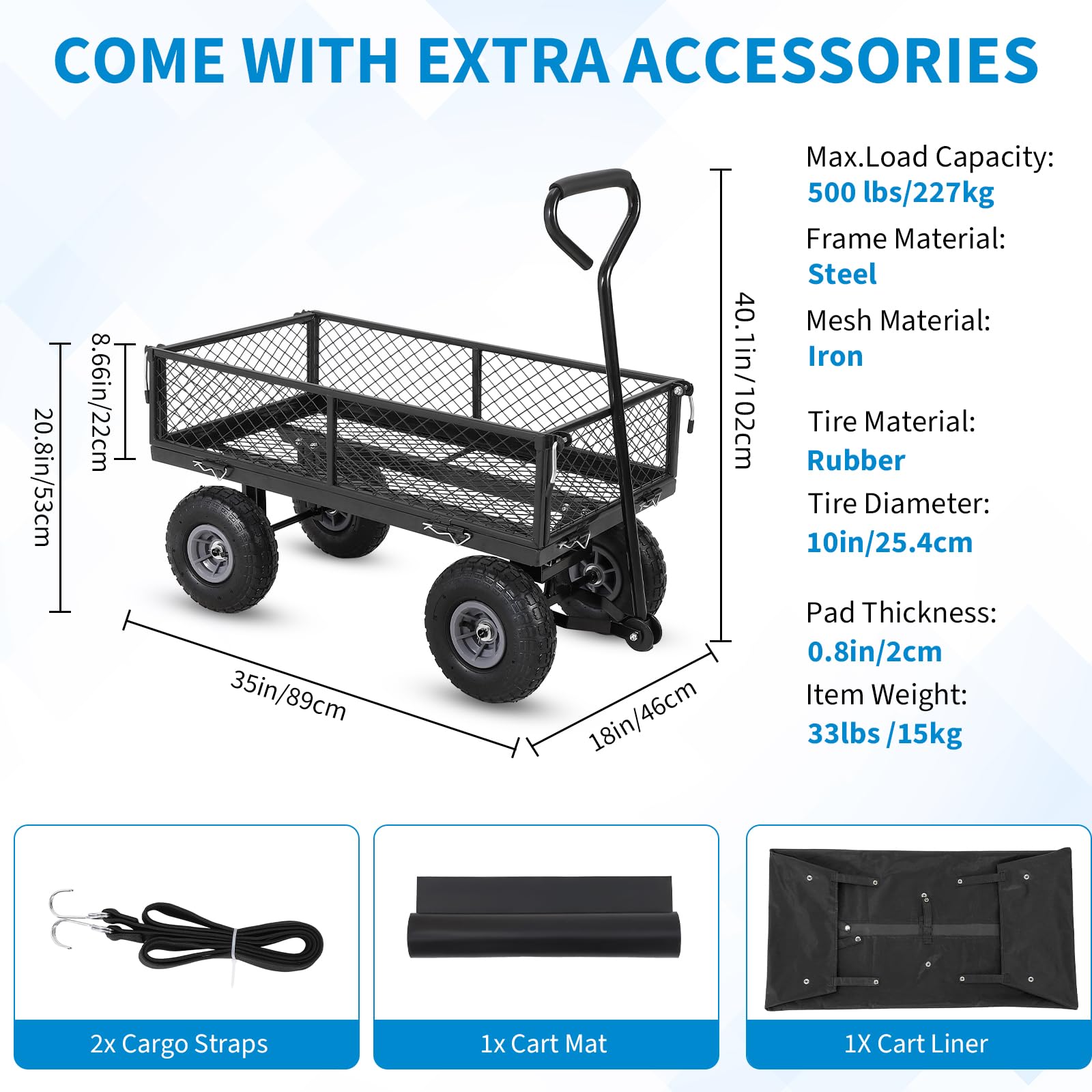 Garvee Heavy Duty Garden Cart Folding Utility Wagon 500LB Capacity Mesh Steel Waterproof Liner Adjustable Handle 10 Inch Tire for Outdoor Work