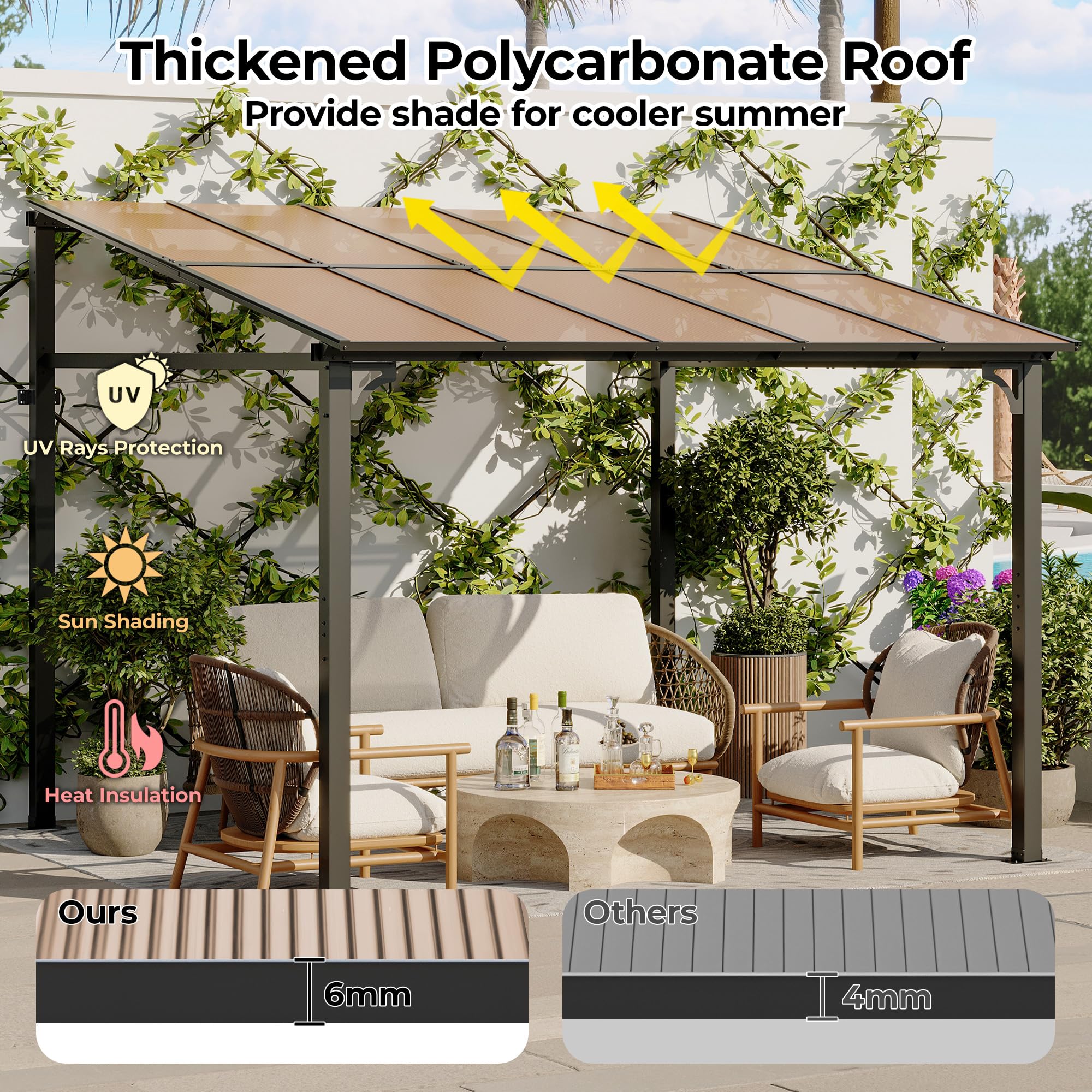 Garvee 10' x 10' Outdoor Gazebo Pergola with Hardtop Panels & Metal Frame, Sloped Roof, Wall Mounted, Stable Design for Patio & Backyard
