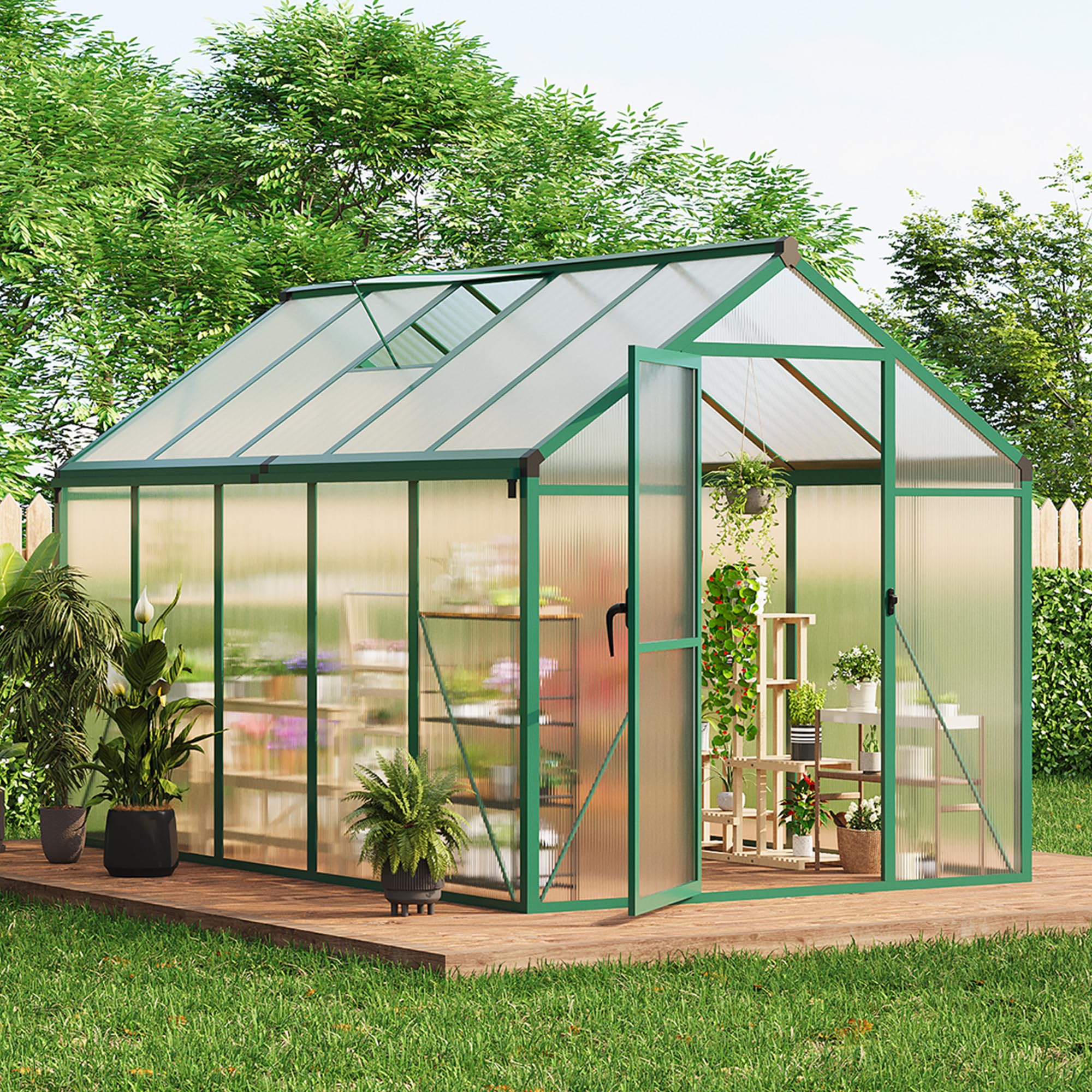 Garvee 6x10 FT Walk-in Greenhouse Polycarbonate Panels Aluminum Frame Roof Vent Ground Nails Backyard Garden