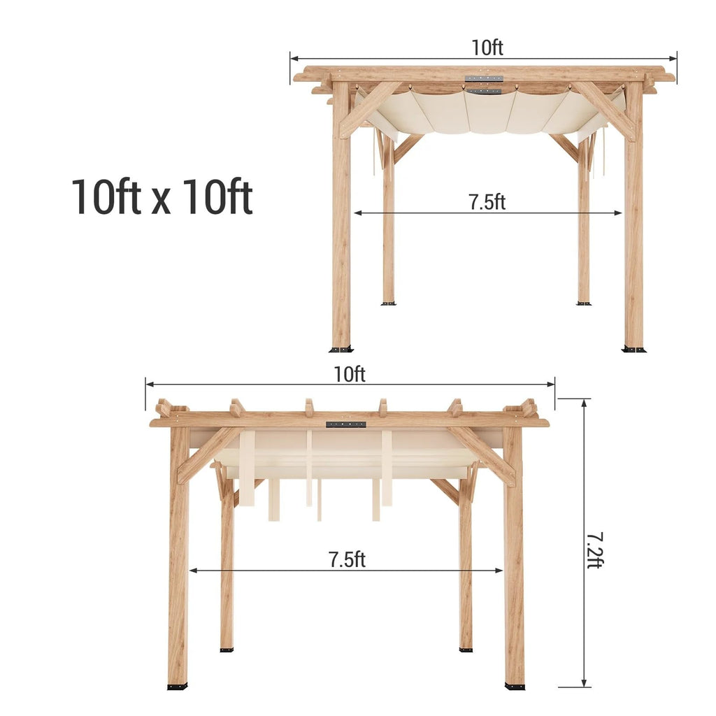 Garvee 10x10 FT Cedar Wood Pergola with Retractable Oxford Fabric Roof, Durable Waterproof Patio Gazebo, Easy Assembly, Outdoor Garden