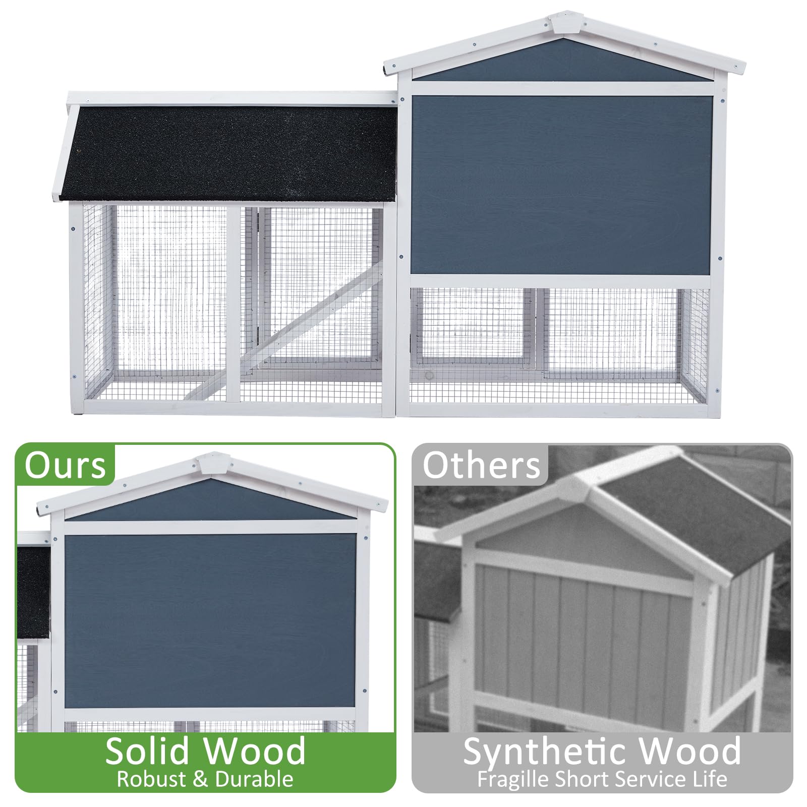 Garvee 54'' Rabbit Hutch Indoor Outdoor Rabbit Cage, Two Floors Wooden Rabbit Cage Indoor, Wooden Chicken Coop Guinea Pigs Pet House Cage with Run, Pull Out Tray, Asphalt Roof for Small Animals