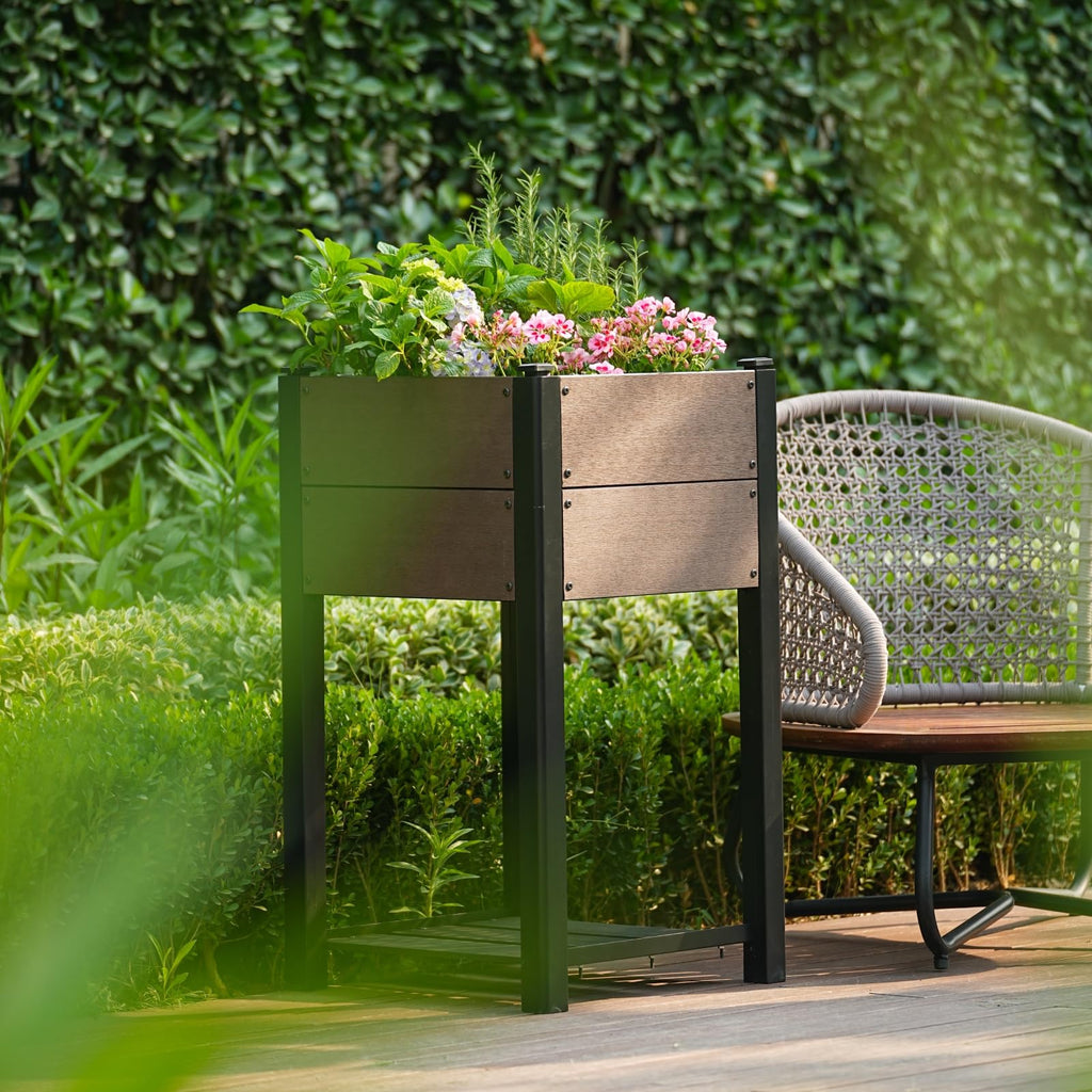 Garvee 19" × 33" HDPE Elevated Raised Garden Bed, Wood-Grain Planter Box with Black Aluminum Frame & Storage Shelf, Brown