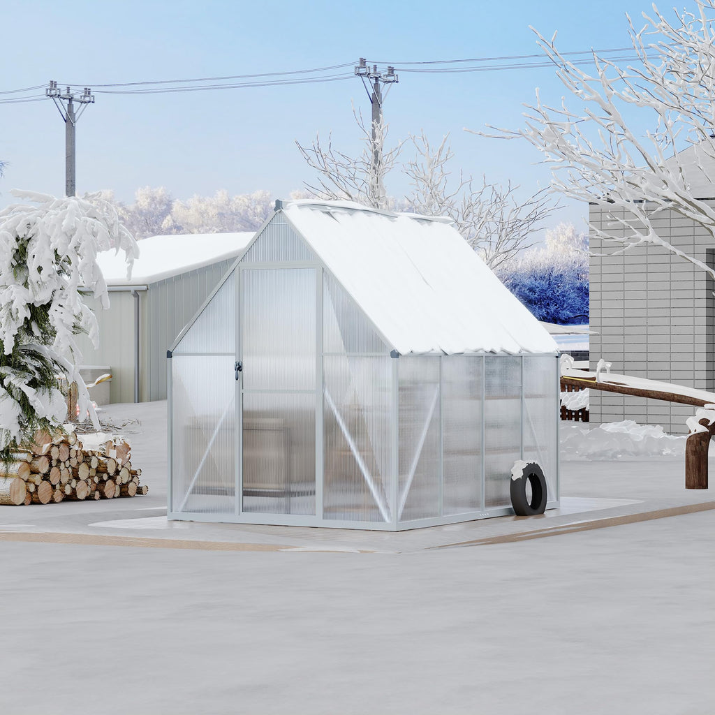 Garvee 6x7 FT Heavy Duty Aluminum Polycarbonate Greenhouse – Large Walk-In Structure, Quick Setup, Roof Vent, Lockable Door, Rain Gutter – Ideal for Patio, Backyard, Garden – Silver