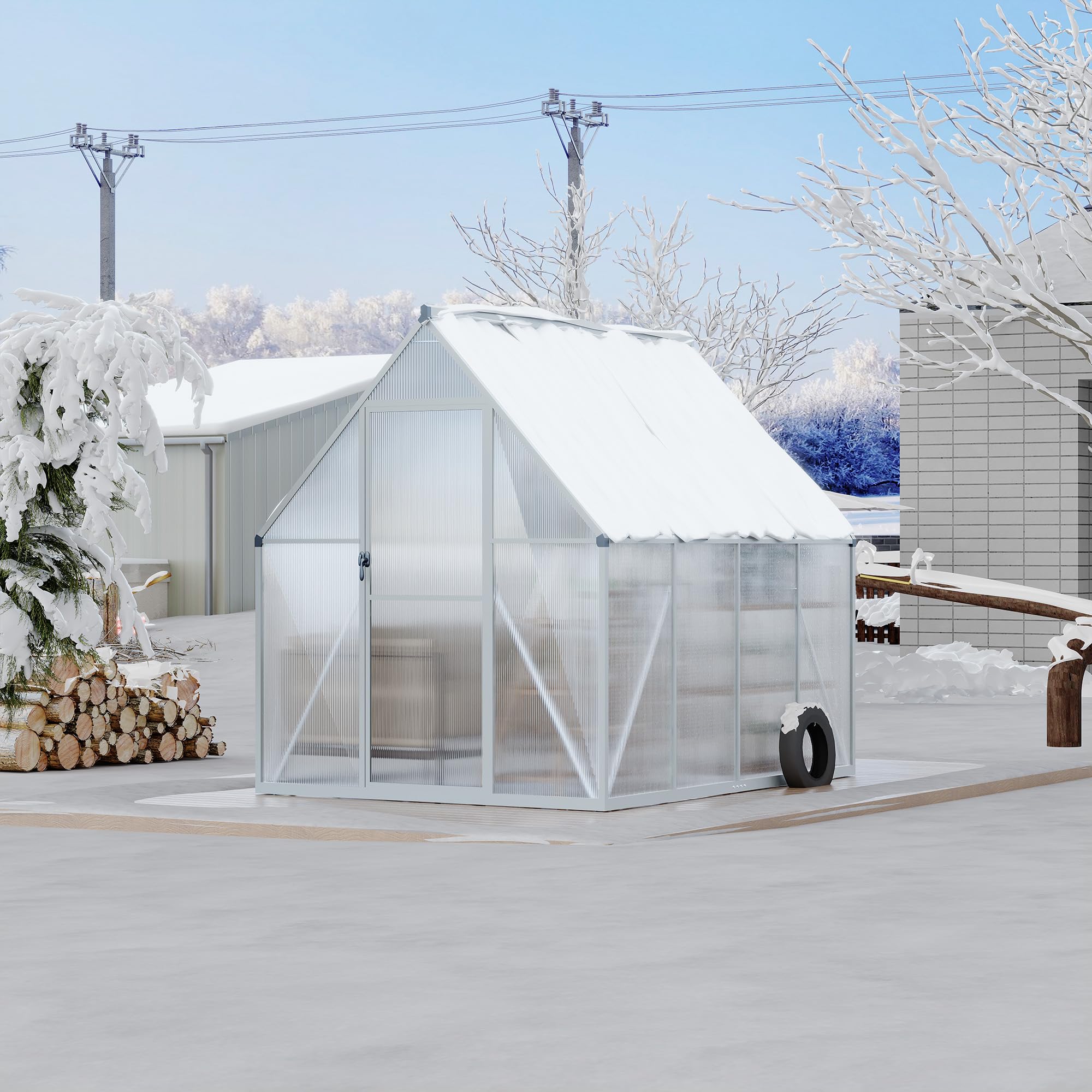 Garvee 6x7 FT Heavy Duty Aluminum Polycarbonate Greenhouse – Large Walk-In Structure, Quick Setup, Roof Vent, Lockable Door, Rain Gutter – Ideal for Patio, Backyard, Garden – Silver
