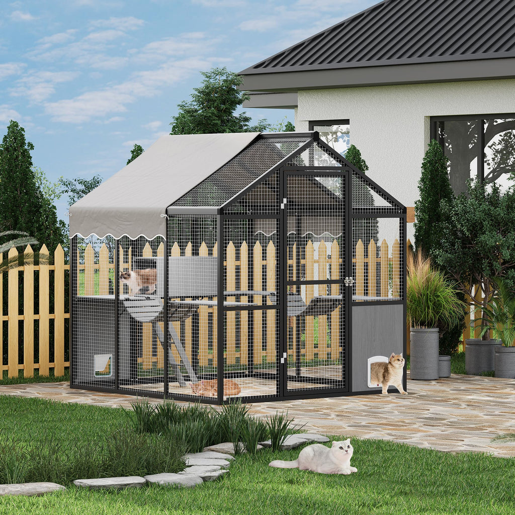 Garvee Catio Outdoor Cat Enclosure, Large Catio with Weatherproof Roof, Channels & Side Door, UV Proof Cover, Huge Condo, Platform, Aluminum Outdoor Cat Enclosure, 70"Lx72"Wx76"H