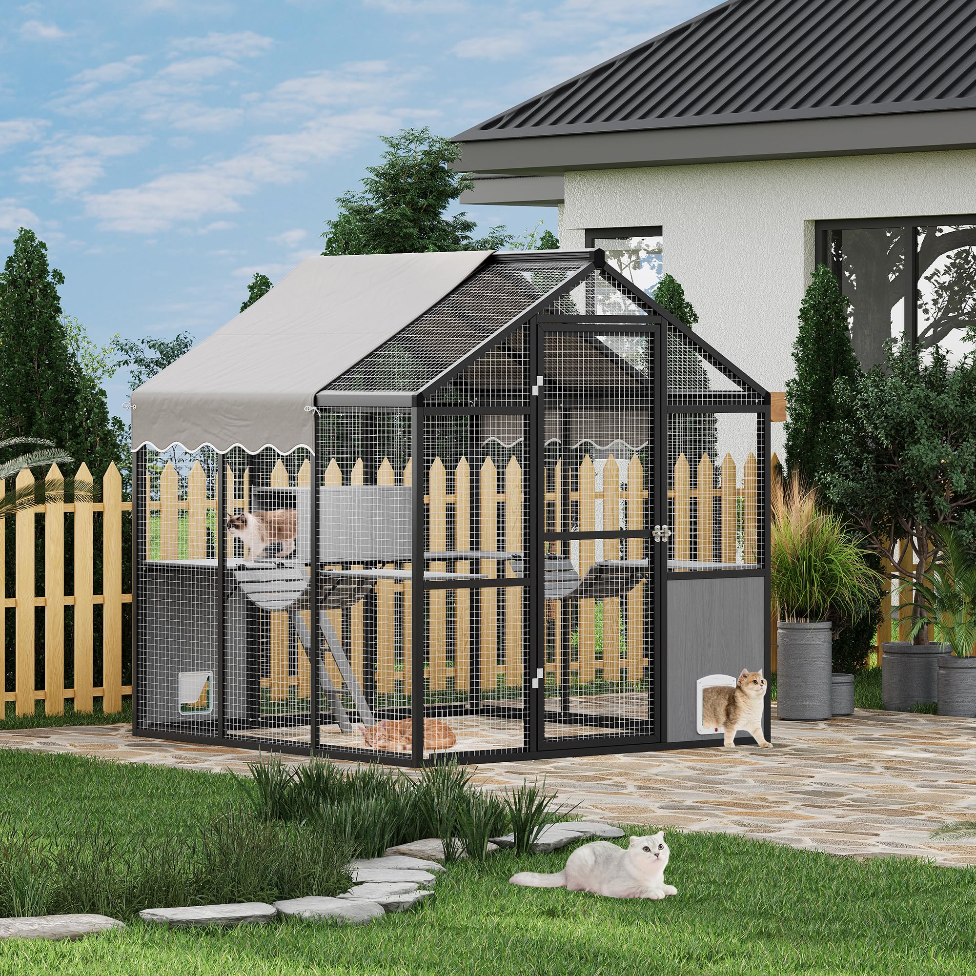 Garvee Catio Outdoor Cat Enclosure, Large Catio with Weatherproof Roof, Channels & Side Door, UV Proof Cover, Huge Condo, Platform, Aluminum Outdoor Cat Enclosure, 70"Lx72"Wx76"H